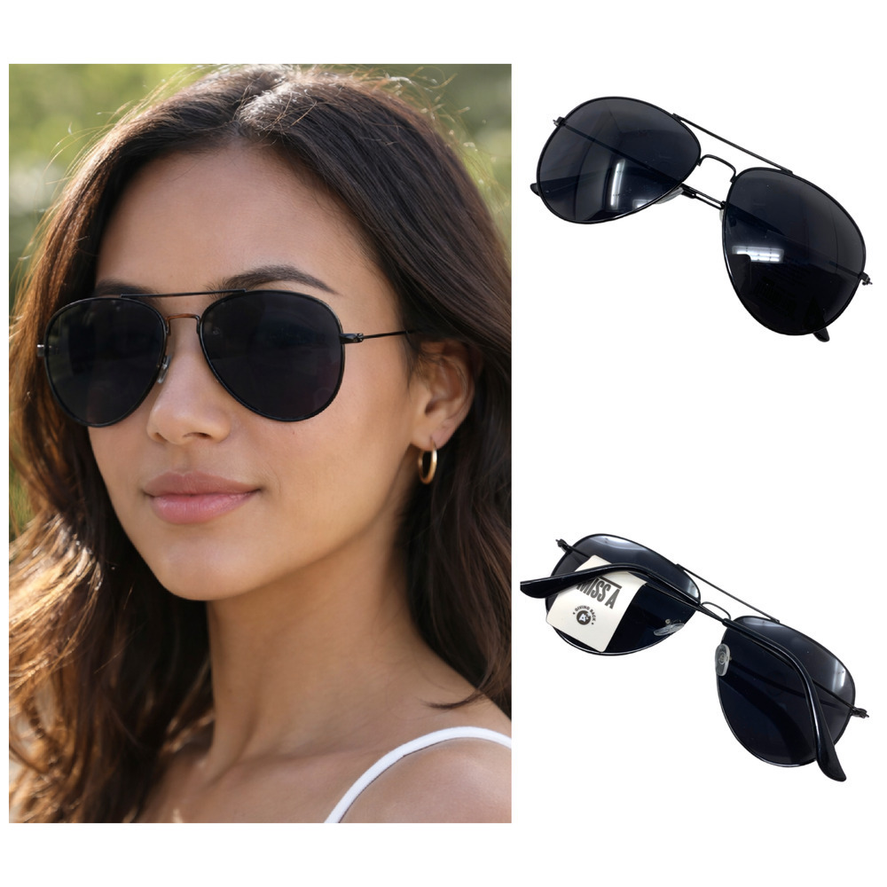 NEW Miss A Aviator Sunglasses Black Metal Frame Dark Lens UV400 Style MISS-1229